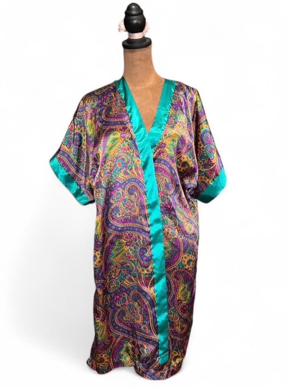 Silky Paisley Kimono Robe with Teal Trim M Feather Bed Intimates M